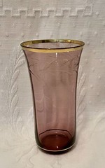 Vintage Amethyst Glass Tumbler~ Etched, Optic Paneled, and Gold Rim & Base