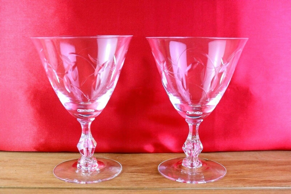 7Tiffin Franciscan PETITE 2 Water Goblet Glasses Cut Leaves Bubble Stem 5 7/8 «