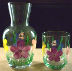 Tumble Up Hand Painted Pitcher Carafe Flowers Butterfly Clear Glass Vintage