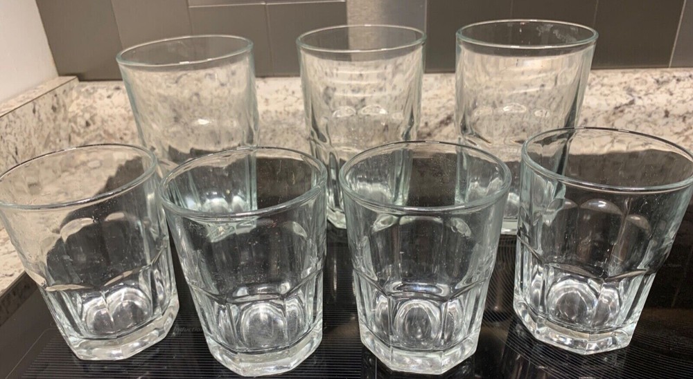 Lot of 7 Vintage Crisa Clear 8 Panel Drinking Glasses 5 1/2″ (14 oz) and 4” Tall