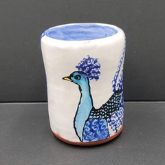 Signed Blue Peacock Ceramic Terracotta Tumbler Glass Art Pottery Cup 4.5″
