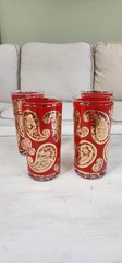 VINTAGE CULVER 22k GOLD & RED PAISELY HIGHBALL TUMBLERS SET OF 4 MCM GLASSES