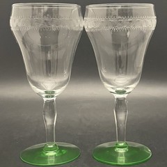 Fostoria Uranium Glass 2pc Etched Stem Wine Glasses c1930s Made in USA 7″t 8oz