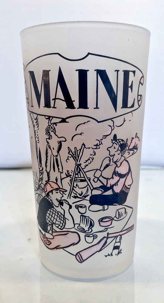 Hazel Atlas Maine State Souvenir Pink Frosted Glass Tumbler