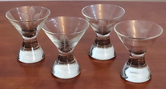 MCM Lot of 4 Elegant Glass CUT 4 LEAF Etched Stemless MARTINI GLASSES Designer?