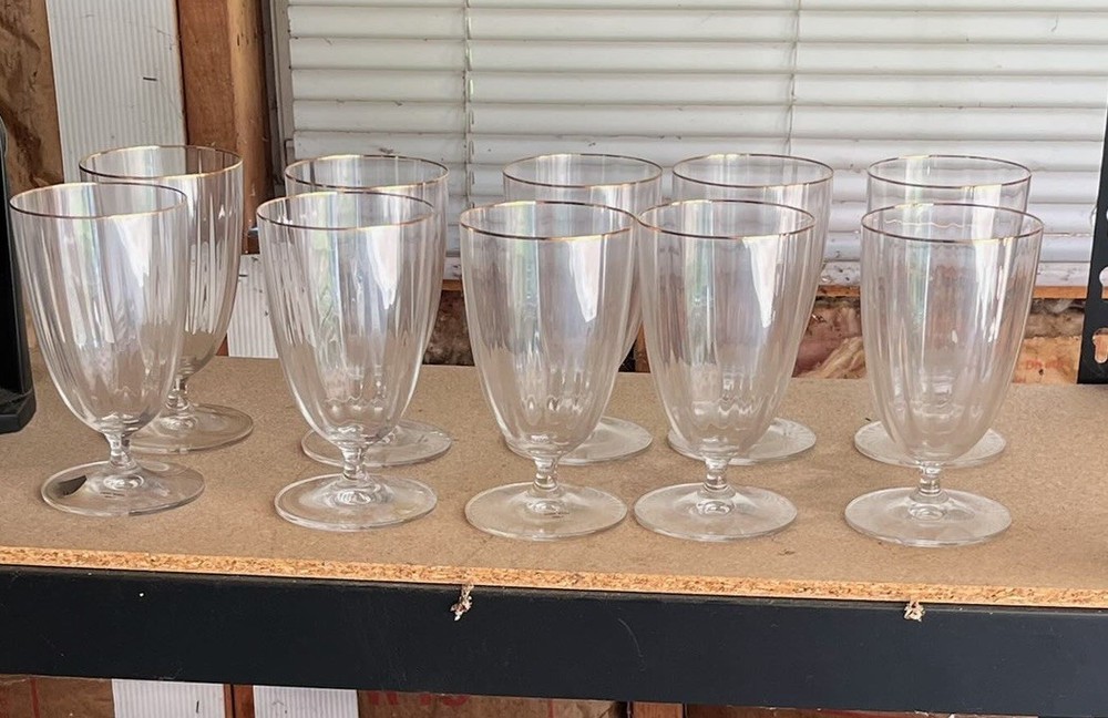10 Mikasa Stephanie Gold Rim Optic Iced Tea Glasses Goblets 6”H 3 3/4” diameter