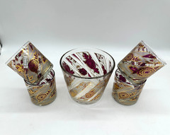 VTG Culver Gold Red Chrysanthemum Rocks Glasses Set of 4 With Ice Bucket Barware