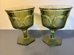 Fostoria Glass Coin Green 10 Ounce Water Goblets 5 1/4” Tall Vintage Lot Of 2