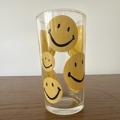 Vintage 1970s Yellow Happy Face Smiley Face 5” Clear Glass Tumbler Hazelware