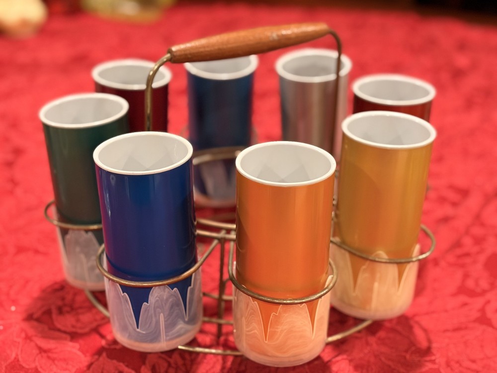 Retro Vintage 60-70s Aluminum/Ceramic MCM 8 Piece Tumbler Set w/Carrier Ex Cond