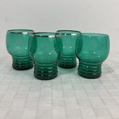 Teal Green Ribbed Base Glass Tumblers Vintage Set of 4