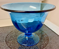 Lovely Gently Ribbed Blue Glass Pedestal Bowl MCM