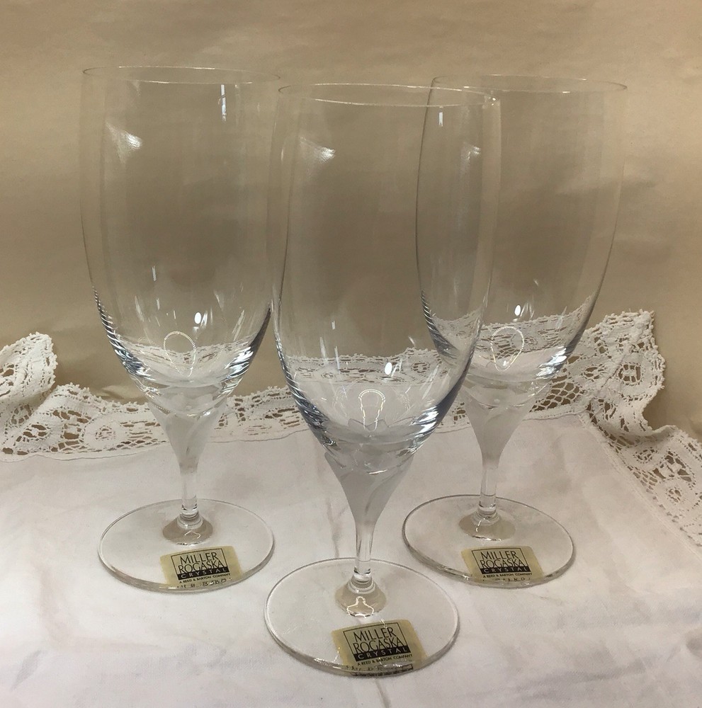 (3) Miller Rogaska Crystal Reed Barton Laura Iced Tea Glass Frosted Floral Stem