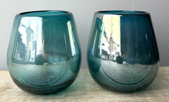 Handblown Stemless Wine Glass Pair 4″/10cm Tall Blue Teal Aquamarine
