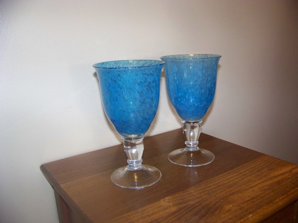 2 beautiful sky blue speckled blown goblets