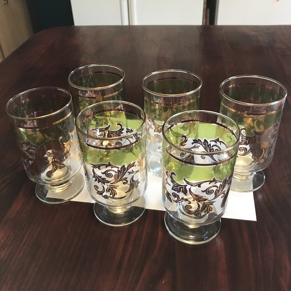 Set 6 Deep Goblets/Desert Embossed Gold Leaf Green Shadow Drink Glass Culver MCM