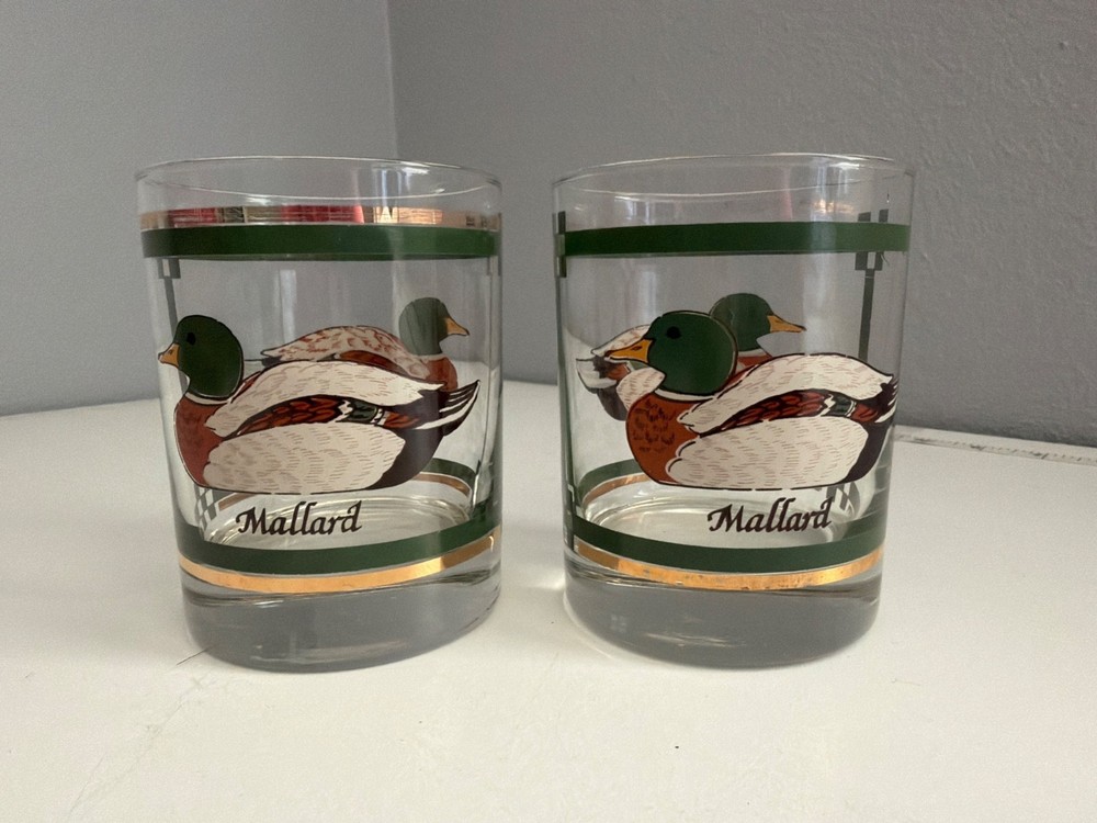Vintage Libbey Rocks Glass SET OF 2 MCM Mallard Duck 22K Gold Trim Classic 1970s