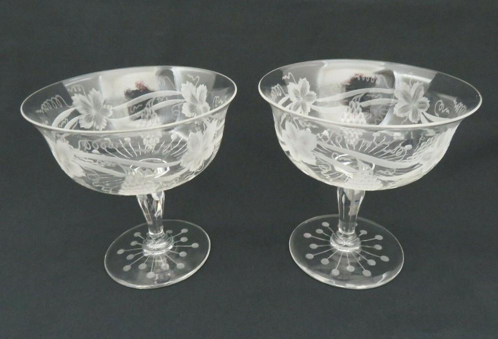 Pair of Hawkes Large Etched Crystal Champagne / Tall Sherbet Goblets ~ Grapes