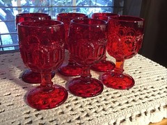 6 Vintage Ruby L G Wright Moon And Stars 4 1/2” Wine Glasses 2 Sets Available