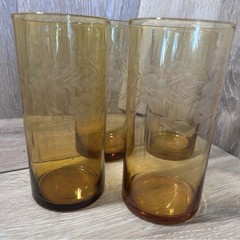 🧡Vintage Amber Floral Etched Glasses– Set of 4 –Mid-Century Barware / Drinkware