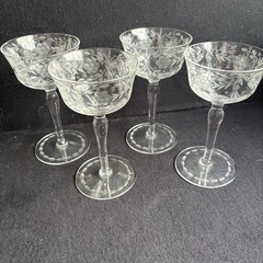 4 Vintage Floral Etched Clear Crystal Stemware Cocktail Wine Barware Glasses