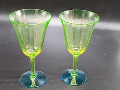 VTG Pair of 1930s Tiffin Franciscan Uranium Water Goblet Glass Blue Green *Read*