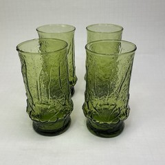 MCM 70s Anchor Hocking Rainflower 6” High Tumbler Glass Set of 4 Avocado Green