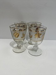 Vintage Libbey Mid Century Frosted Gold Leaf Set Of 4 Goblet Glasses 5 3/8”