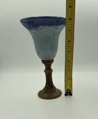 Vintage Blue Drip Glaze Wooden Stem Abstract Retro Art Pottery Goblet 8”
