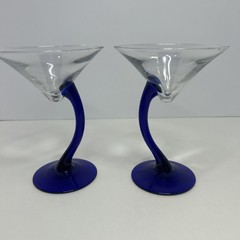 Libbey Set Of 2 Bravura Cobalt Blue Stem Martini Glasses Curved Modern