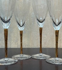 4 Stephen Smyers Signed Hand Blown Art Glass Champagne Flutes Gold Bamboo Stem