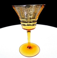 Cambridge Elegant Glass Cleo Etch Amber 3oz Panel Optic 4 1/2″ Liquor Glass 1929