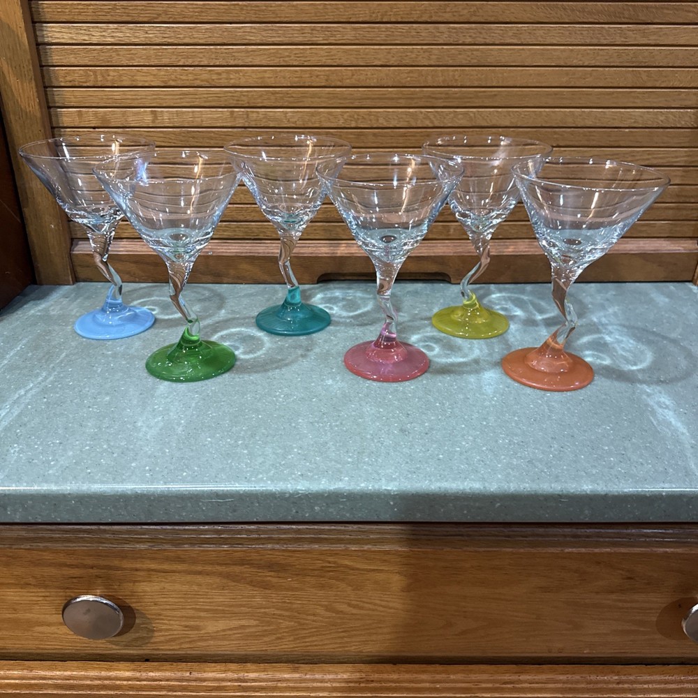 Vtg Libby Martini Glasses «Z» Stem Green Blue Aqua Pink Yellow Orange Set Of 6