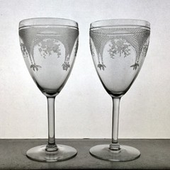 Two Vintage Fostoria Glass VIRGINIA CLEAR Water Goblets, Rose Lattice Etch #267