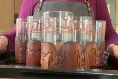 6 (SIX) LIBBEY Bamco Texas Longhorn Highball Glasses Leather Koozies 5.5”