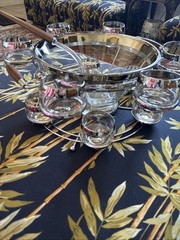 Mid-Century Chrome Punch Bowl & Roly Poly Glasses Dorthy Thorpe Style Japan