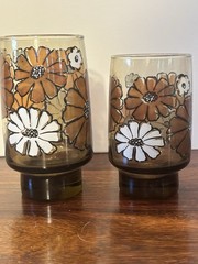 Vtg Libbey Camellia Tawney Glasses Brown Daisy Tumbler Juice Amber 10 & 12 Oz