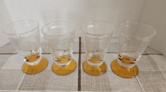 4 Vintage Clear Optic Panel Textured Glasses Amber Footed 5″ Retro HTF