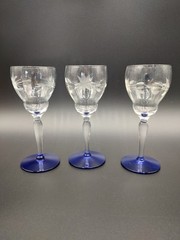 6 Weston Cordial Sherry Glasses Blue Footed 5.5″ Etched Starflower WGL45 Vintage