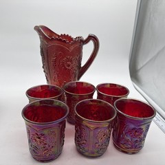 VTG Imperial Carnival Glass~ Field Flowers~RubyRed Iridescent~Pitcher~6 Tumblers
