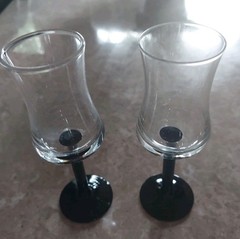 VON POX TWO CORDIAL GLASSES STEMWARE CLEAR GLASS WITH BLACK STEM