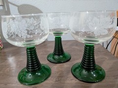 Three French Luminarc Emerald Green Beehive Stem Grape Etched VCA Wine Glasses