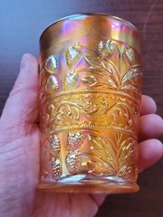 Pretty Marigold Fenton Carnival Glass Strawberry Scroll Pattern Tumbler