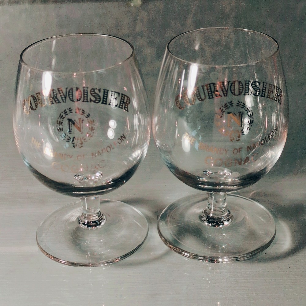 COURVOISIER BRANDY GLASSES, Crystal, 3 1/2″, 3 Oz, 22K Trim, FRANCE, 2PCS