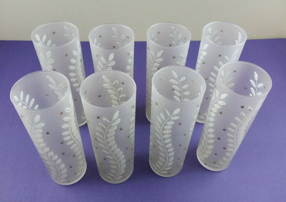 8 Libbey Tom Collins Zombie Frosted Glasses Ferns & Gold Stars 12oz 7×2.5″ Vtg