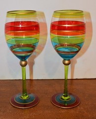 Festive Stripe Tall Stemmed Wine Glasses Goblets 9″ Gold Rim Hand Painted