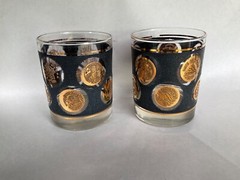 2 Libbey’s textured gold coin old fashioned glasses MCM 22k gold trim