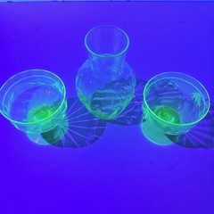 Vintage Uranium Glass Vase 2 Sherbet Coupe Glasses Etched Floral Vaseline Glow 3