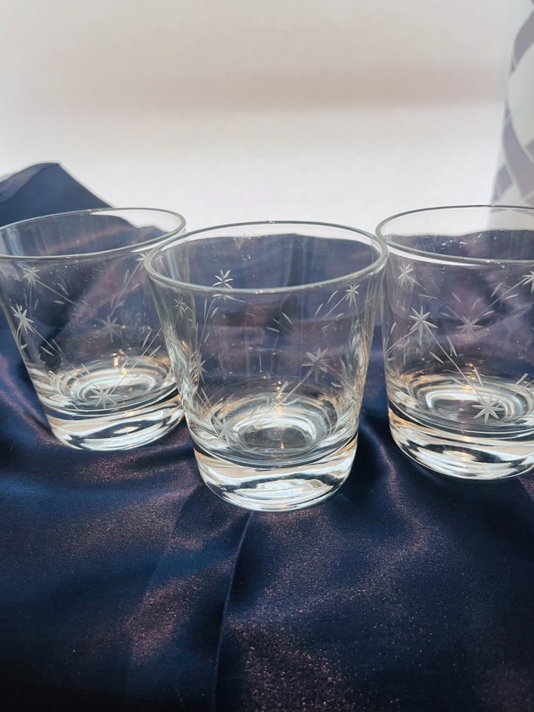 Vintage Libbey Etched Dbl Old Fashioned Whiskey Glasses Set/3 Atomic Starburst