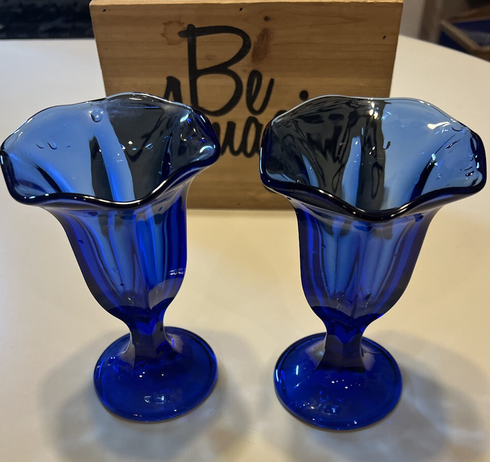 2 Anchor Hocking Cobalt Blue Fountain Ware Sundae Scallop Goblets Glasses Sale!!
